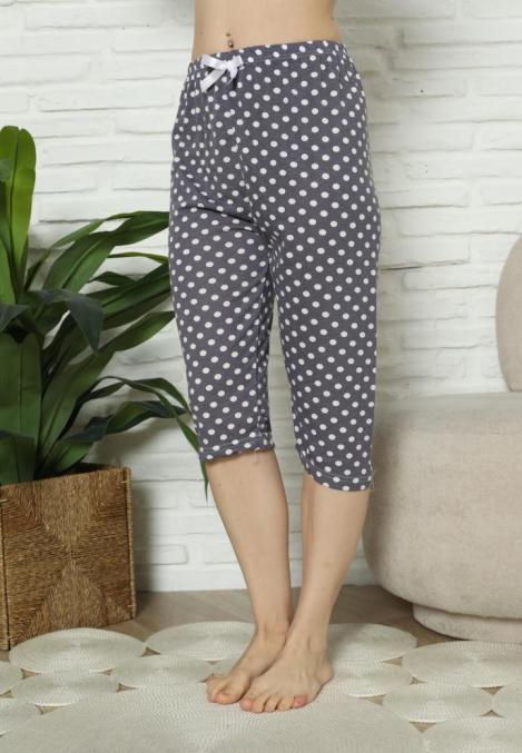 Pantaloni pijama damă 3/4 gri imprimeu buline, engros